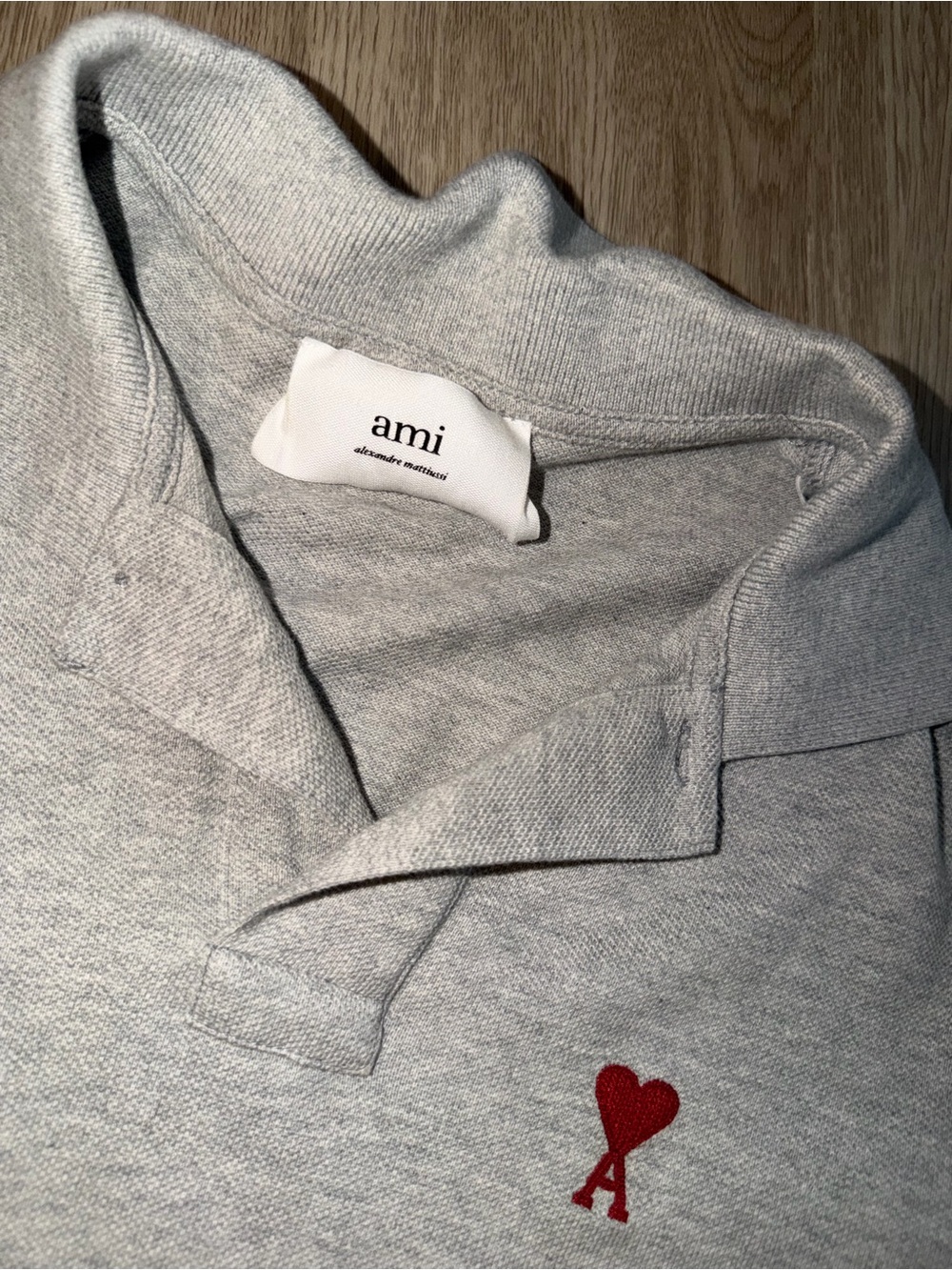 Ami Paris Light Grey Polo with Red Heart Patch - Picture 2 of 3